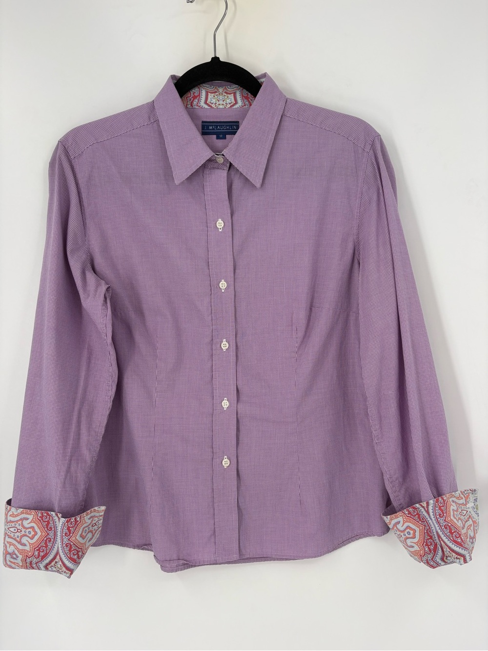 J. McLaughlin Purple Micro Check Cotton Button Down Size 12